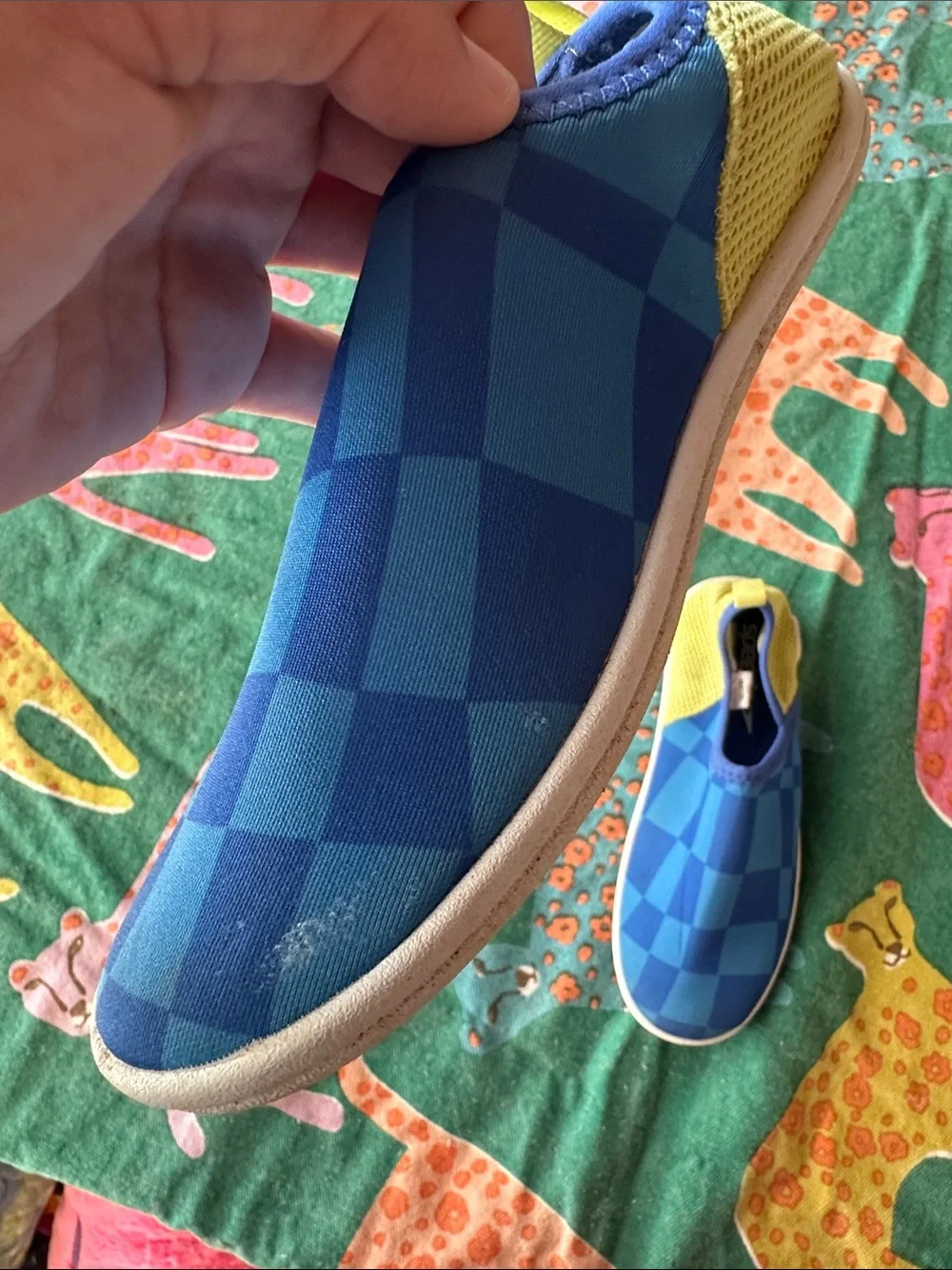 Speedo Kids Blue Checkered Slip-On Water Shoes with Yellow Accents sz 13-1